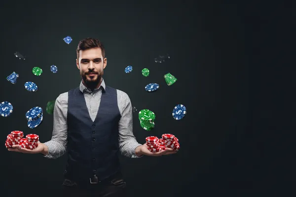 A young woman relaxing with her phone while dynamic casino elements float around her, illustrating the smooth mobile experience offered by the OKTK app.