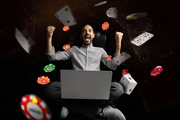 OKTK Slots — Thousands of thrilling machines await A woman smiling by bright slot machines showing lucky symbols, showcasing the exciting slot offerings at OKTK.